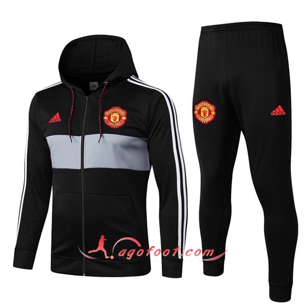 Ensemble Veste A Capuche Survetement Foot Manchester United Noir Gris 19/20