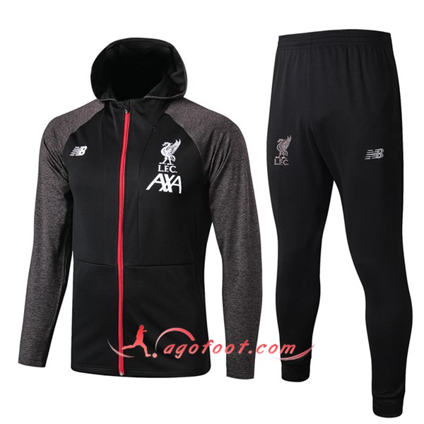 Ensemble Veste A Capuche Survetement Foot FC Liverpool Noir Gris 19/20