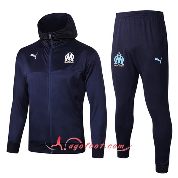 Ensemble Veste A Capuche Survetement Foot Marseille OM Bleu Fonce 19/20