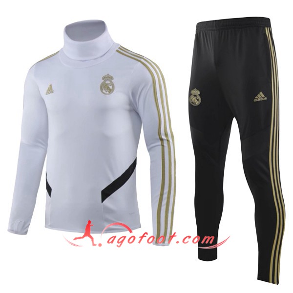 Nouveau Survetement de Foot Real Madrid Enfant Blanc Col Haut 19/20