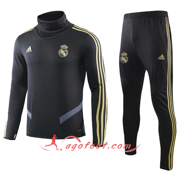 Nouveau Survetement de Foot Real Madrid Enfant Noir Col Haut 19/20