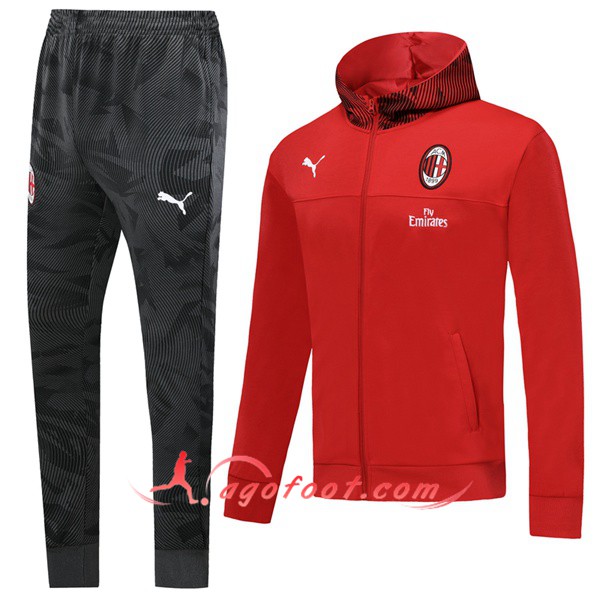 Ensemble Veste A Capuche Survetement Foot Milan AC Rouge 19/20