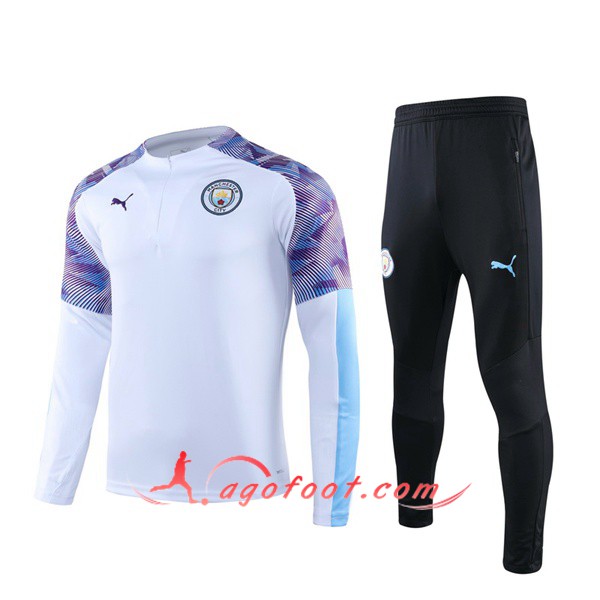 Ensemble Survetement de Foot Manchester City Blanc Pourpre 19/20