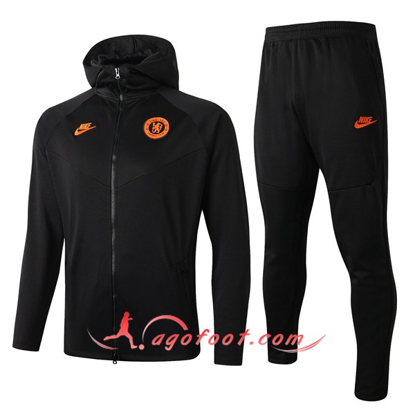 Ensemble Veste A Capuche Survetement Foot FC Chelsea Gris Fonce 19/20