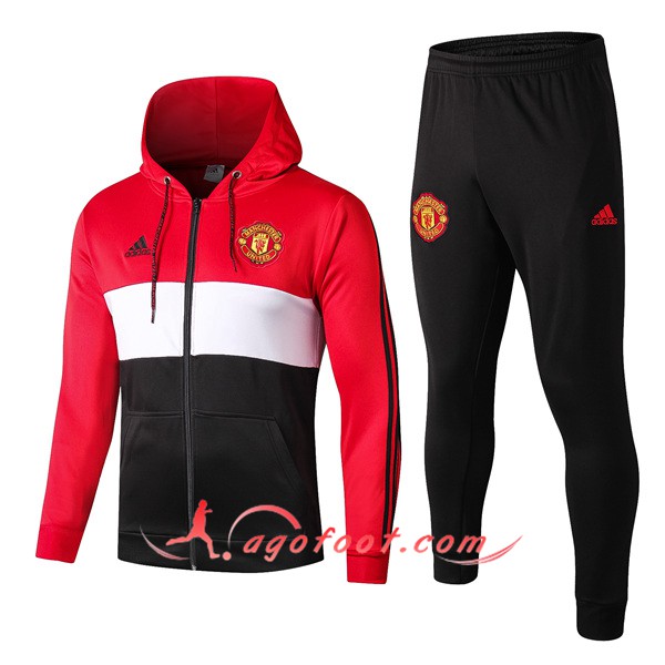 Ensemble Veste A Capuche Survetement Foot Manchester United Rouge Noir 19/20