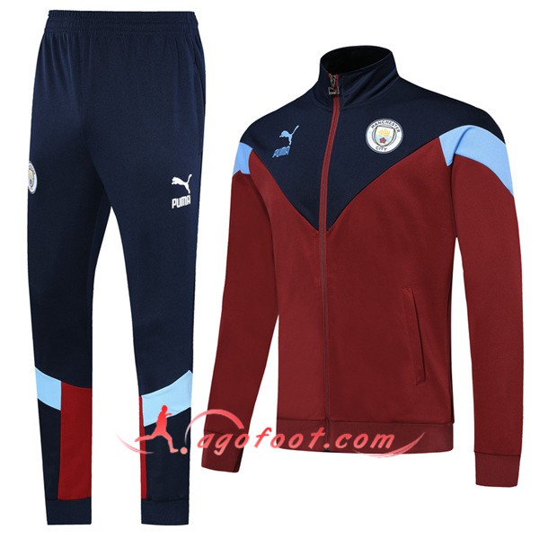 Ensemble Survetement Foot - Veste Manchester City Rouge Noir 19/20