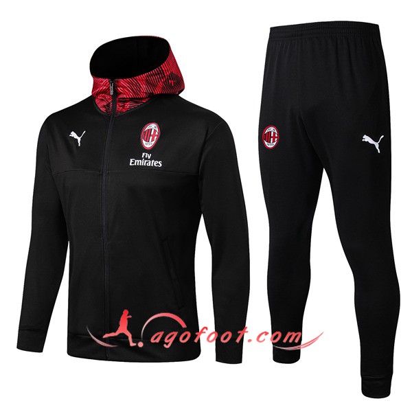 Ensemble Veste A Capuche Survetement Foot Milan AC Noir 19/20