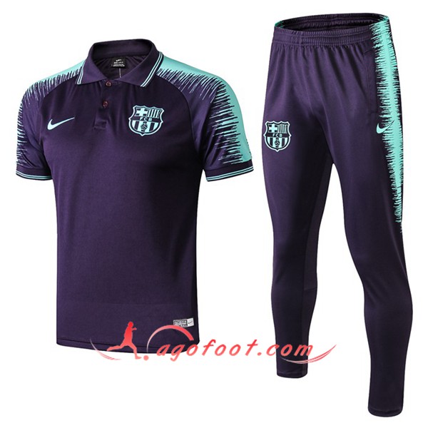 Ensemble Polo FC Barcelone + Pantalon Bleu Fonce Vert 19/20