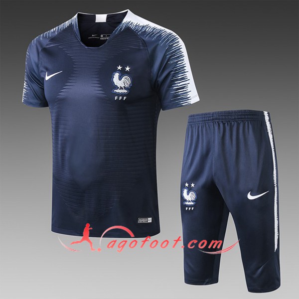 Ensemble PRÉ MATCH Training France 2 Etoiles + Pantalon 3/4 Bleu Fonce 2019/20