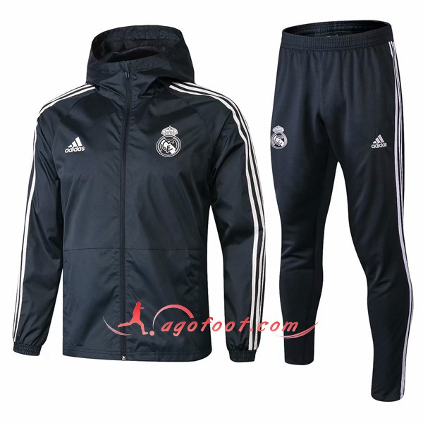 Ensemble Sweat A Capuche Survetement Real Madrid foncé Gris Floqué 2018 2019