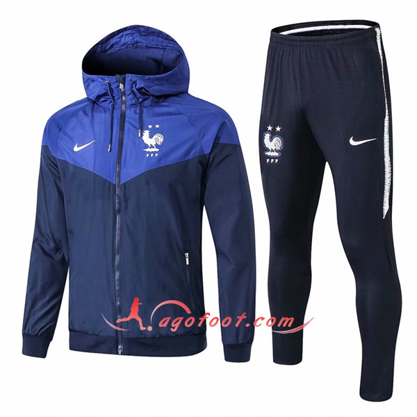 Ensemble Sweat A Capuche Survetement France 2 Stars Bleu Noir Floqué 2018 2019