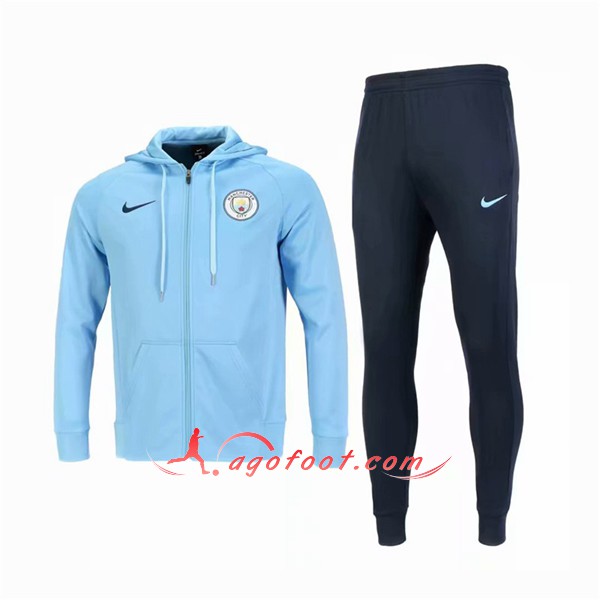 Ensemble Sweat A Capuche Survetement Manchester City Light Bleu Floqué 2018 2019