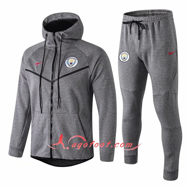 Ensemble Sweat A Capuche Survetement Manchester City Gris Floqué 2018 2019
