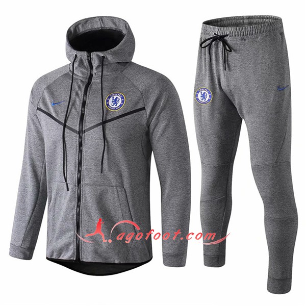 Ensemble Sweat A Capuche Survetement FC Chelsea Gris Floqué 2018 2019