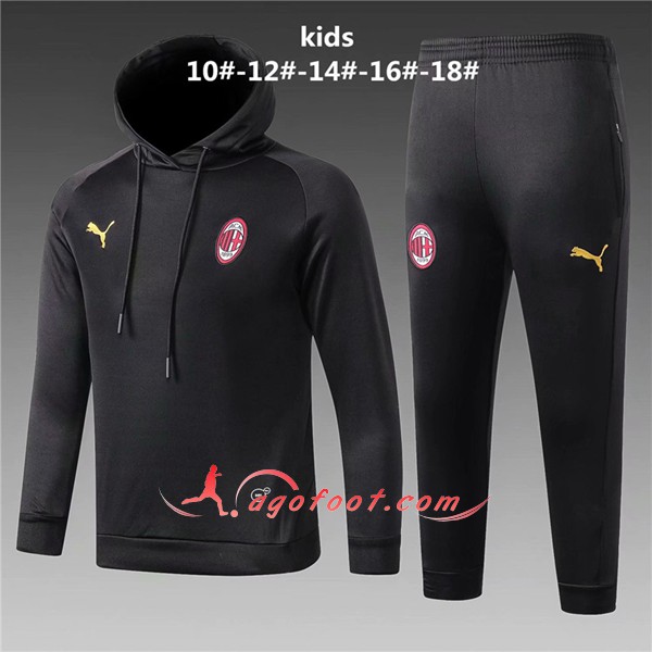 Ensemble Sweat A Capuche Survetement Milan AC Enfant Noir Floqué 2018 2019