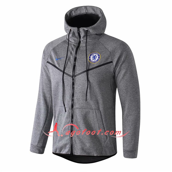 Nouveau Veste De Foot Sweat A Capuche FC Chelsea Gris Floqué 2018 2019