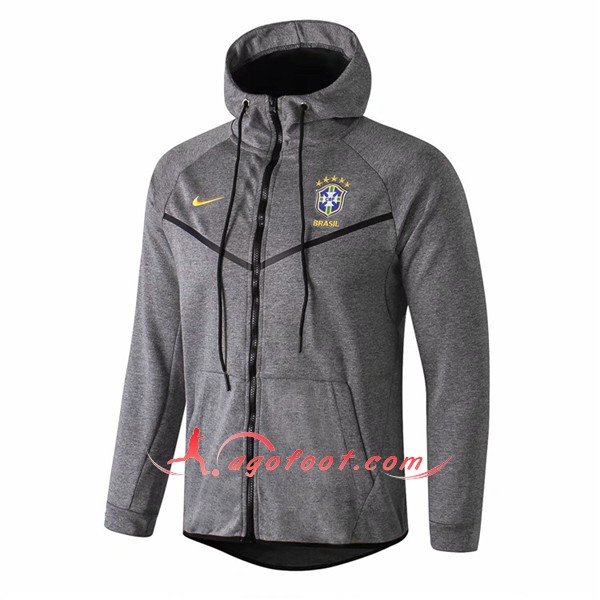Nouveau Veste De Foot Sweat A Capuche Bresil Gris Floqué 2018 2019
