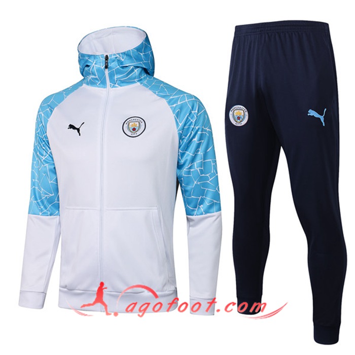 Ensemble Veste A Capuche Veste Survetement Manchester City Blanc/Bleu 2020/2021