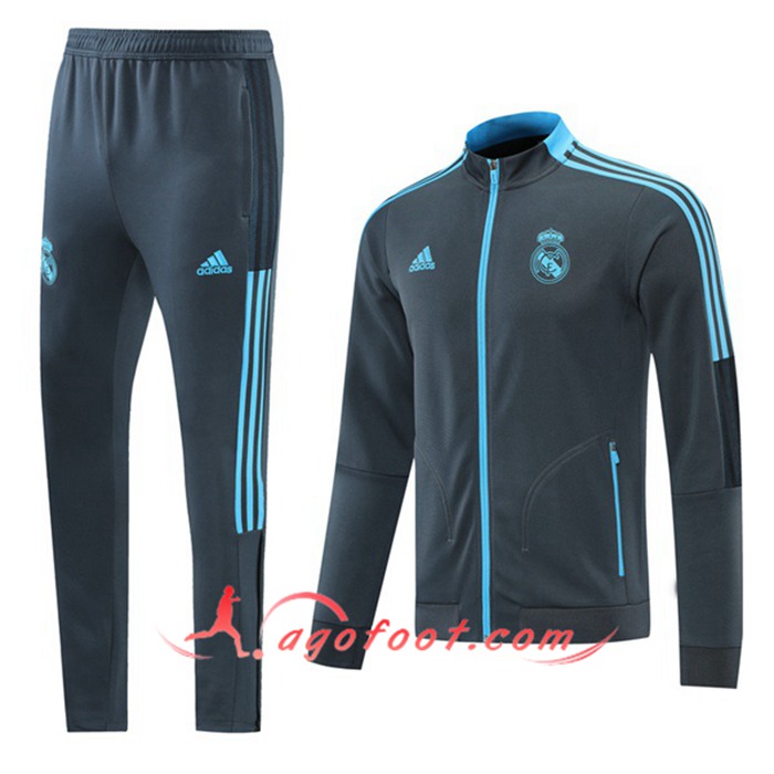 Ensemble Veste Survetement de Foot Real Madrid Gris/Bleu 2021/2022 -1
