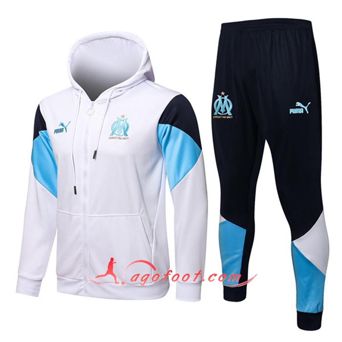 Ensemble Veste A Capuche Survetement - Veste Marseille OM Blanc/Bleu/Noir 2021/2022