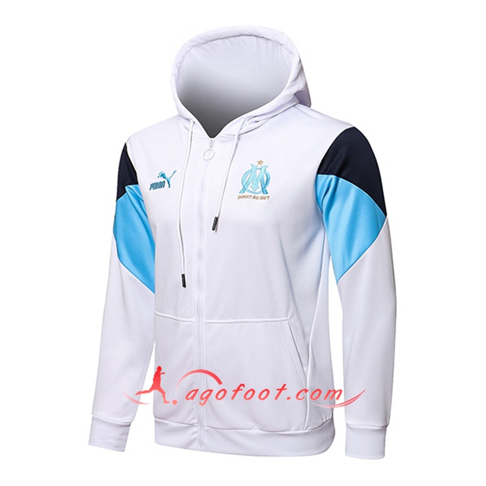 Nouveaux Veste A Capuche Marseille OM Blanc/Bleu/Noir 2021/2022