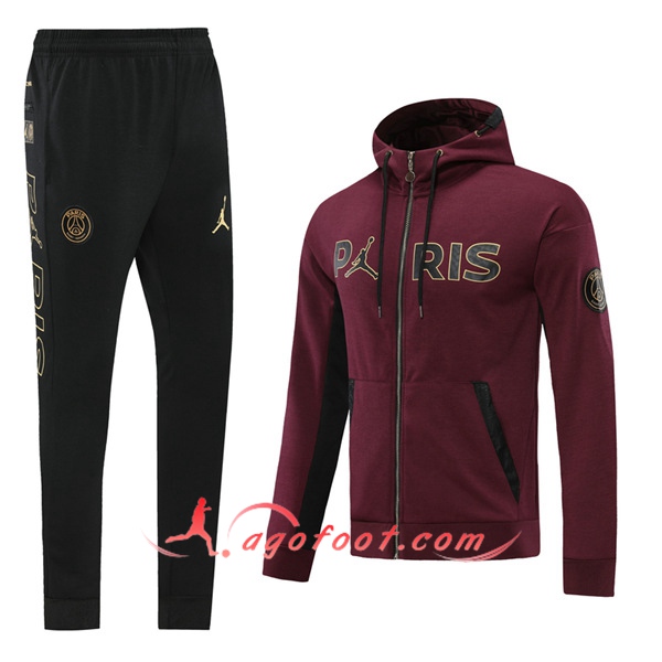 Ensemble Veste A Capuche Survetement PSG Jordan Rouge Fonce 20/21
