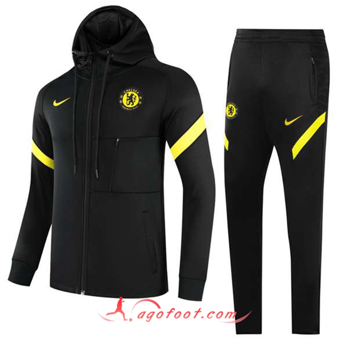 Ensemble Veste A Capuche Survetement - Veste Jordan PSG Enfant Noir/Jaune 2021/2022
