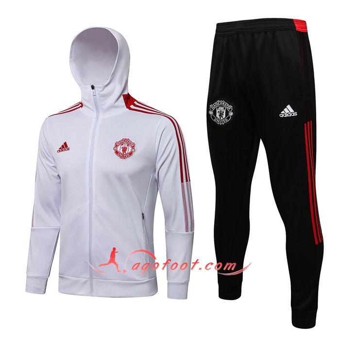 Ensemble Veste A Capuche Survetement - Veste Manchester United Rouge/Blanc 2021/2022