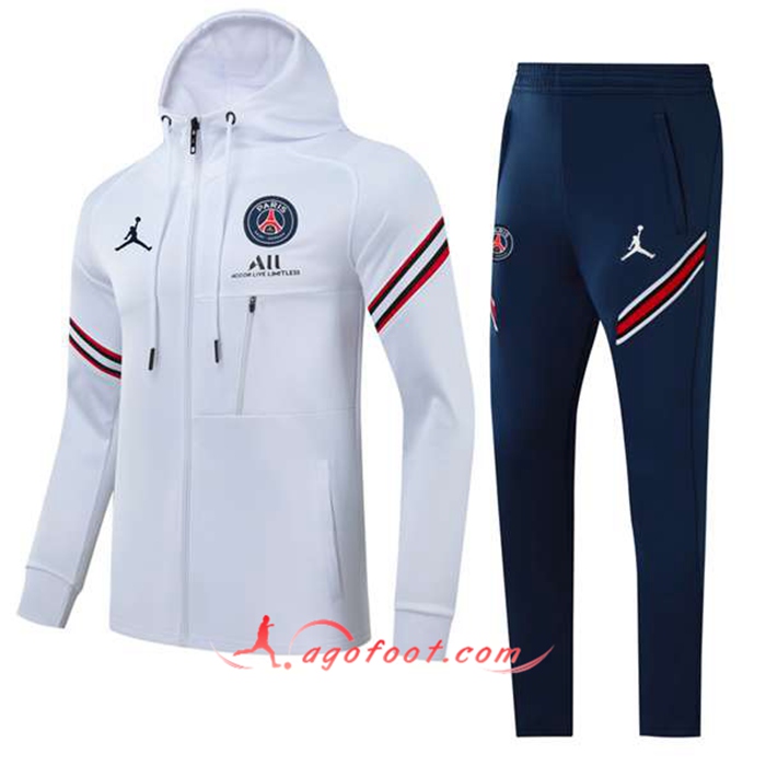 Ensemble Veste A Capuche Survetement Jordon PSG Blanc/Rouge/Noir 2021/2022