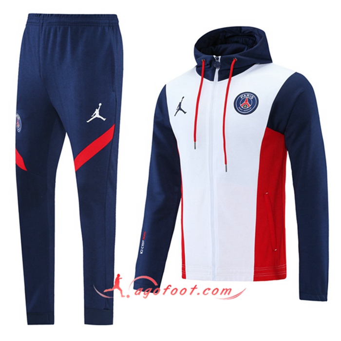 Ensemble Veste A Capuche Survetement Jordon PSG Blanc/Noir/Rouge 2021/2022