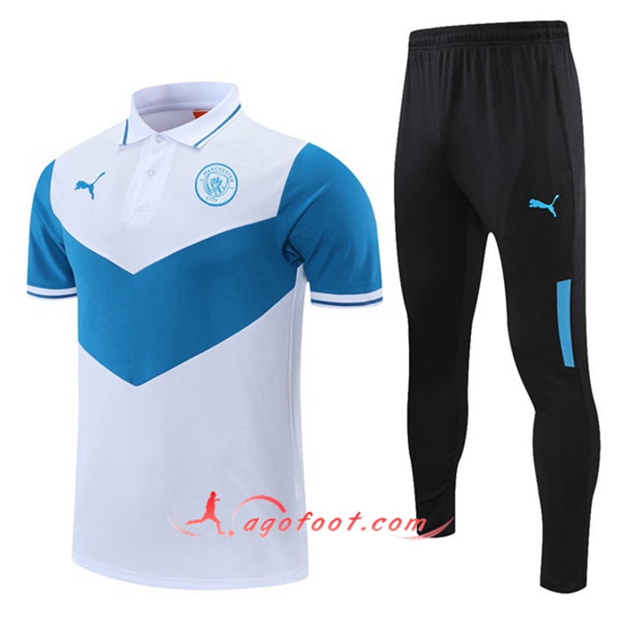 Ensemble Polo Manchester City + Pantalon Blanc/Bleu 2021/2022