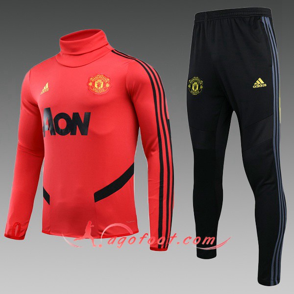 Nouveau Survetement de Foot Manchester United Enfant Rouge Col Haut 19/20