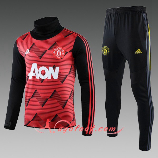 Nouveau Survetement de Foot Manchester United Enfant Rouge Noir Col Haut 19/20