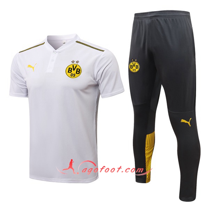 Ensemble Polo Dortmund BVB + Pantalon Blanc/Gris 2021/2022