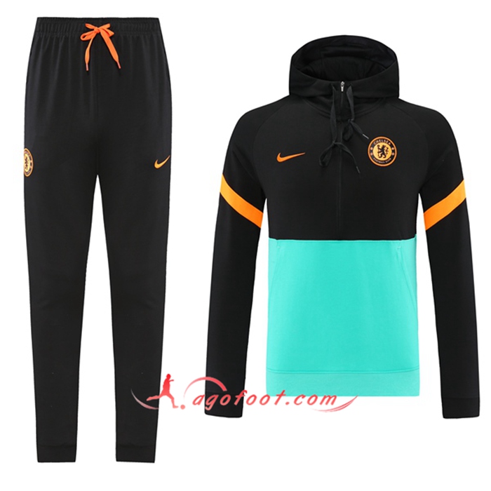Ensemble Veste A Capuche Survetement Foot FC Chelsea Bleu/Vert 2021/2022