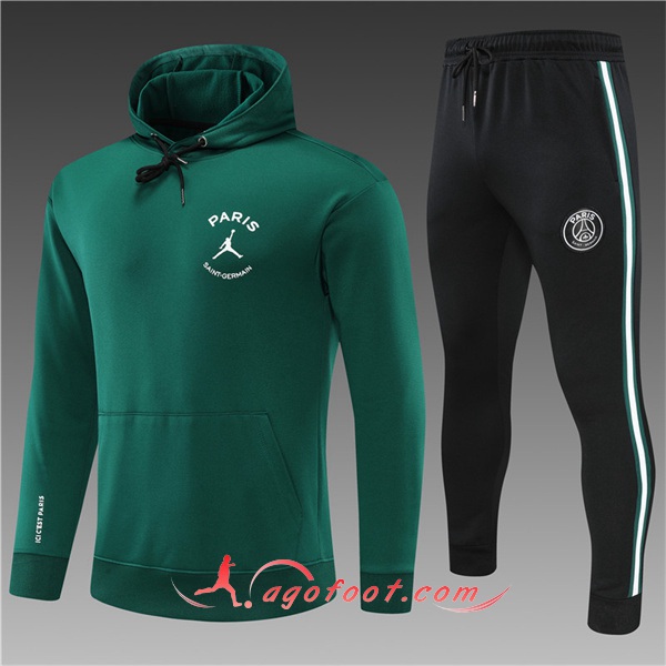 Ensemble Veste A Capuche Survetement de Foot Jordan PSG Enfant Vert 2022/2023