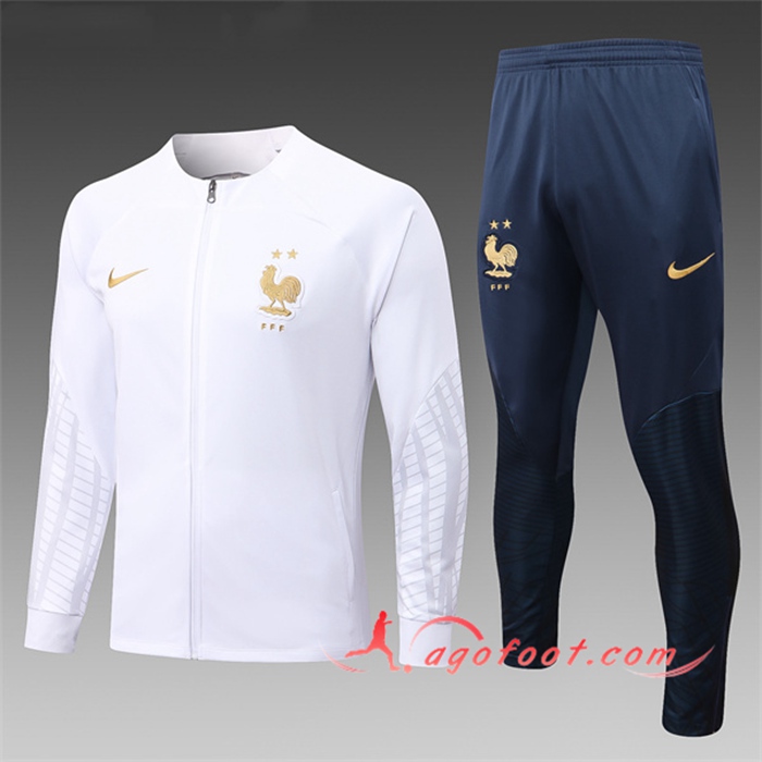 Ensemble Veste Survetement de Foot France Enfant Blanc Bleu Marins 2022/2023