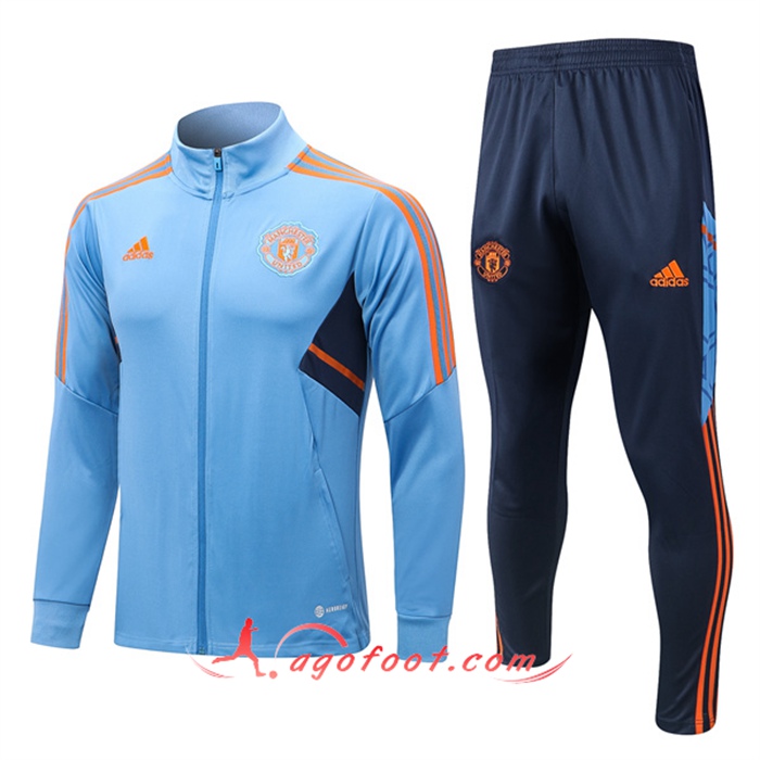 Promo Ensemble Survetement de Foot Veste Manchester United Bleu Clair 2022 2023