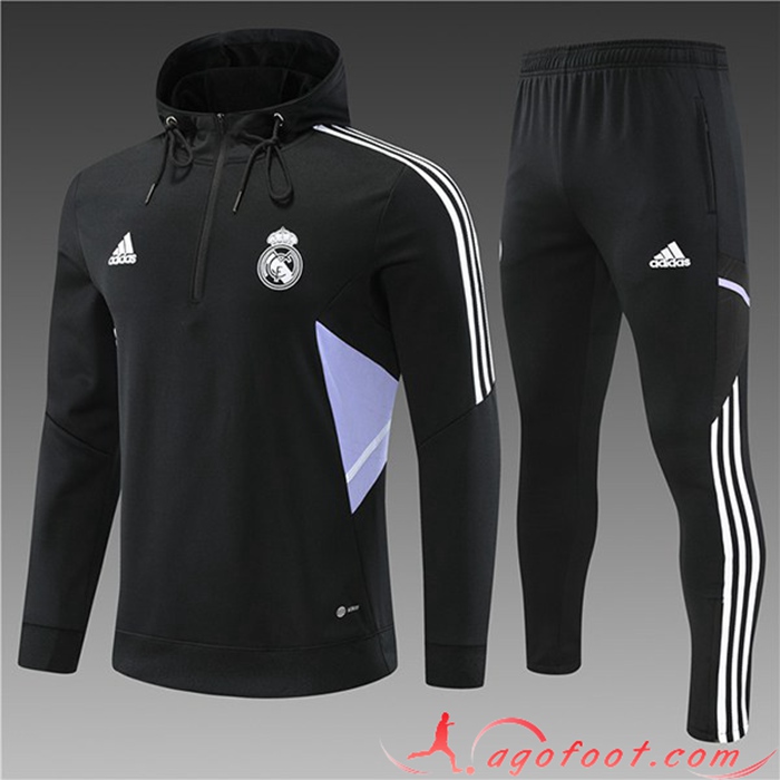 Ensemble Veste A Capuche Survetement de Foot Real Madrid Enfant Noir 2022/2023