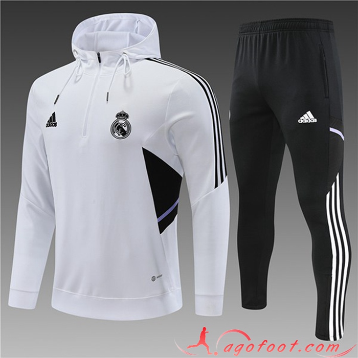 Ensemble Veste A Capuche Survetement de Foot Real Madrid Enfant Blanc 2022/2023