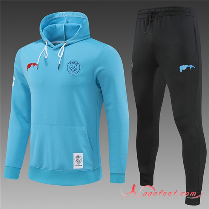 Ensemble Veste A Capuche Survetement de Foot PSG Enfant Bleu Clair 2022/2023