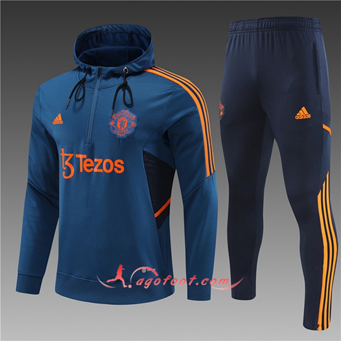 Ensemble Veste A Capuche Survetement de Foot Real Manchester United Enfant Bleu 2022/2023