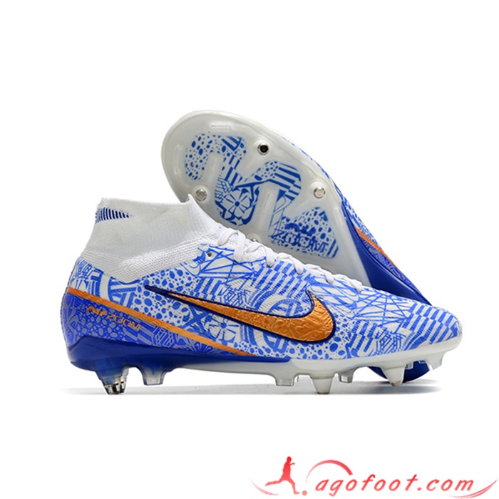 Nike Chaussures de Foot Air Zoom Mercurial Superfly IX Elite SG Blanc/Bleu