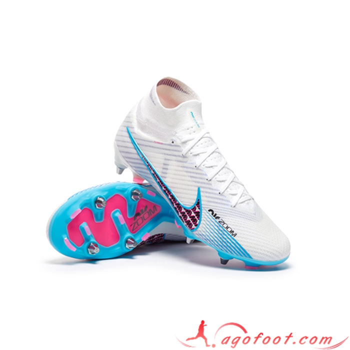 Nike Chaussures de Foot Air Zoom Mercurial Superfly IX Elite SG Blanc/Bleu