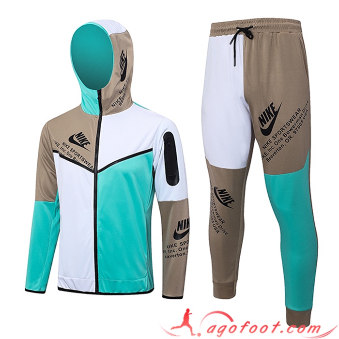 Ensemble Survetement Veste A Capuche Coupe-Vent Nike Vert/Blanc 2023/2024