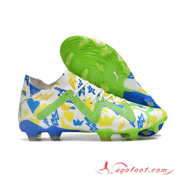 PUMA Chaussures de Foot Future Ultimate FG Blanc/Vert/Jaune/Bleu