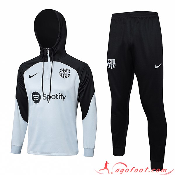 Ensemble Survetement Veste A Capuche FC Barcelone Blanc/Noir 2023/2024