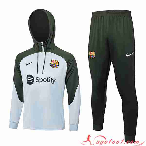 Ensemble Survetement Veste A Capuche FC Barcelone Blanc/Vert 2023/2024