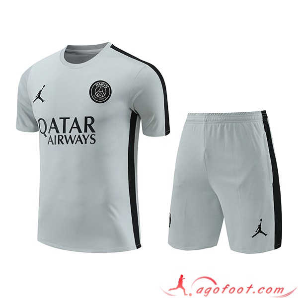 Ensemble Training T-Shirts + Shorts PSG Gris/Noir 2023/2024