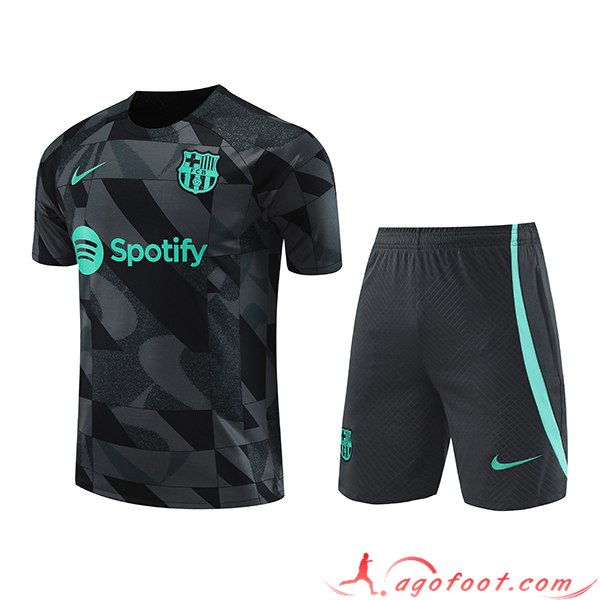 Ensemble Training T-Shirts + Shorts FC Barcelone Noir/Gris/Vert 2023/2024 -02